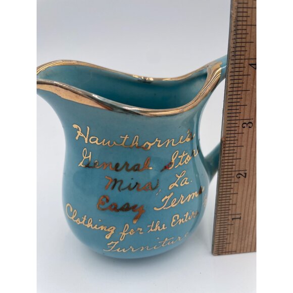 Vintage Blue Ceramic Pitcher With Gold Accents & Hawthornes General Store Miras - Picture 2 of 7